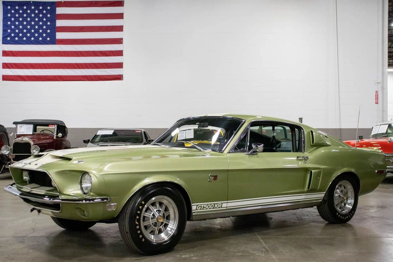 Lime Gold 1968 Ford Mustang GT500KR photographed in the showroom